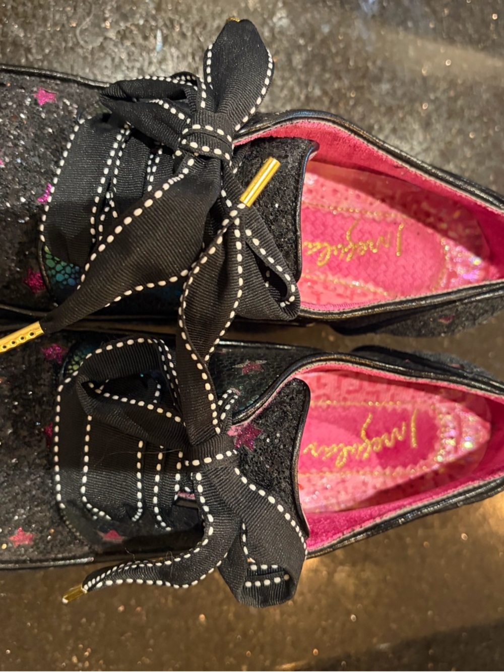 Irregular Choice Black Glitter chunky mid-heel with Rainbow Scale & Pink Stars - Picture 4 of 6